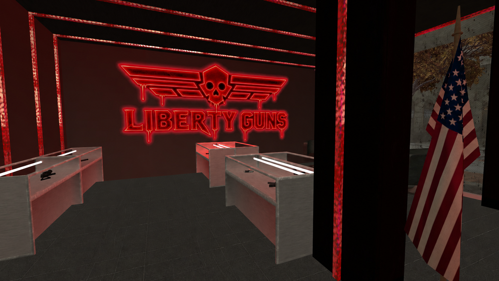 Торговый зал LIBERTY GUNS с оружейными витринами и красной неоновой вывеской